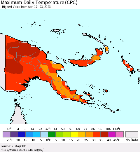Papua New Guinea Maximum Daily Temperature (CPC) Thematic Map For 4/17/2023 - 4/23/2023