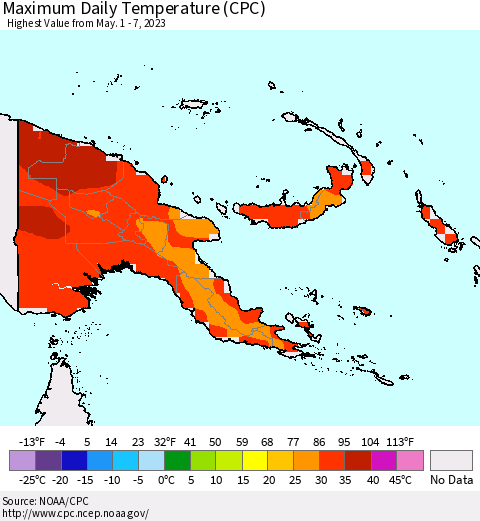 Papua New Guinea Maximum Daily Temperature (CPC) Thematic Map For 5/1/2023 - 5/7/2023