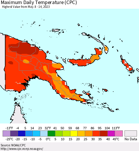 Papua New Guinea Maximum Daily Temperature (CPC) Thematic Map For 5/8/2023 - 5/14/2023