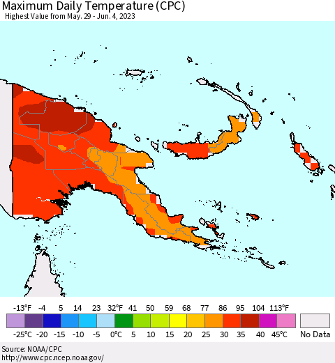 Papua New Guinea Maximum Daily Temperature (CPC) Thematic Map For 5/29/2023 - 6/4/2023