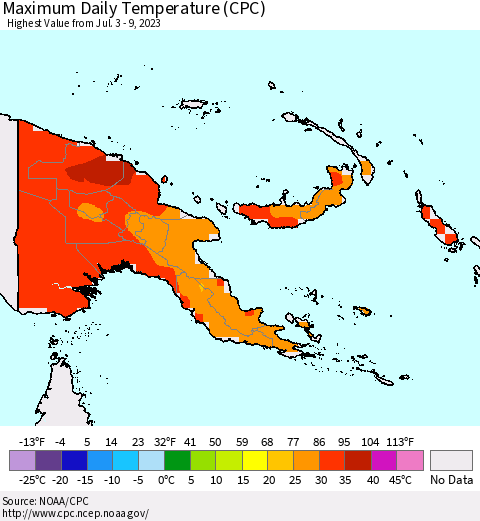 Papua New Guinea Maximum Daily Temperature (CPC) Thematic Map For 7/3/2023 - 7/9/2023