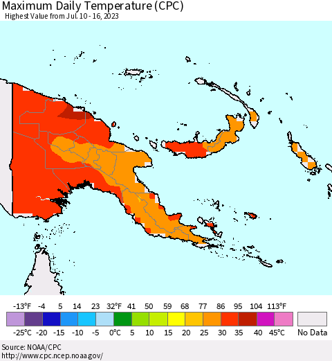 Papua New Guinea Maximum Daily Temperature (CPC) Thematic Map For 7/10/2023 - 7/16/2023
