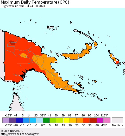 Papua New Guinea Maximum Daily Temperature (CPC) Thematic Map For 7/24/2023 - 7/30/2023