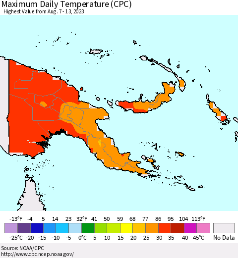 Papua New Guinea Maximum Daily Temperature (CPC) Thematic Map For 8/7/2023 - 8/13/2023