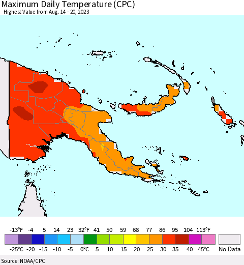 Papua New Guinea Maximum Daily Temperature (CPC) Thematic Map For 8/14/2023 - 8/20/2023