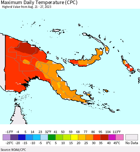 Papua New Guinea Maximum Daily Temperature (CPC) Thematic Map For 8/21/2023 - 8/27/2023
