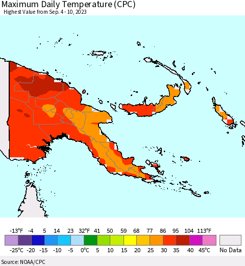 Papua New Guinea Maximum Daily Temperature (CPC) Thematic Map For 9/4/2023 - 9/10/2023