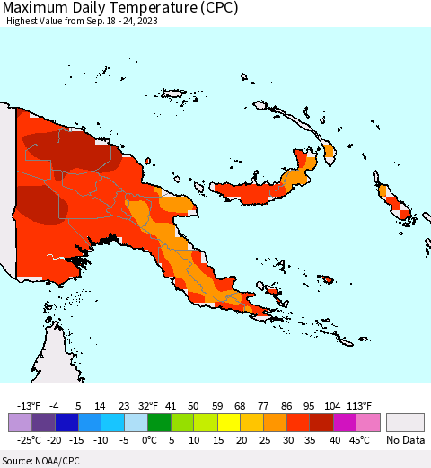 Papua New Guinea Maximum Daily Temperature (CPC) Thematic Map For 9/18/2023 - 9/24/2023