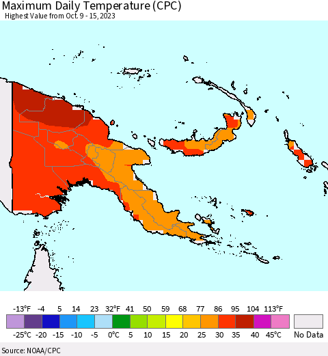 Papua New Guinea Maximum Daily Temperature (CPC) Thematic Map For 10/9/2023 - 10/15/2023