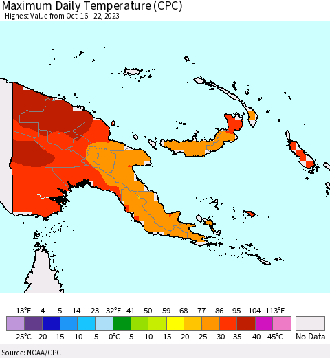 Papua New Guinea Maximum Daily Temperature (CPC) Thematic Map For 10/16/2023 - 10/22/2023