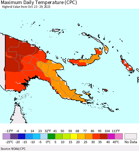 Papua New Guinea Maximum Daily Temperature (CPC) Thematic Map For 10/23/2023 - 10/29/2023