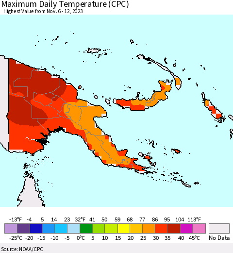 Papua New Guinea Maximum Daily Temperature (CPC) Thematic Map For 11/6/2023 - 11/12/2023