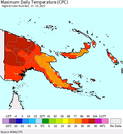 Papua New Guinea Maximum Daily Temperature (CPC) Thematic Map For 11/13/2023 - 11/19/2023