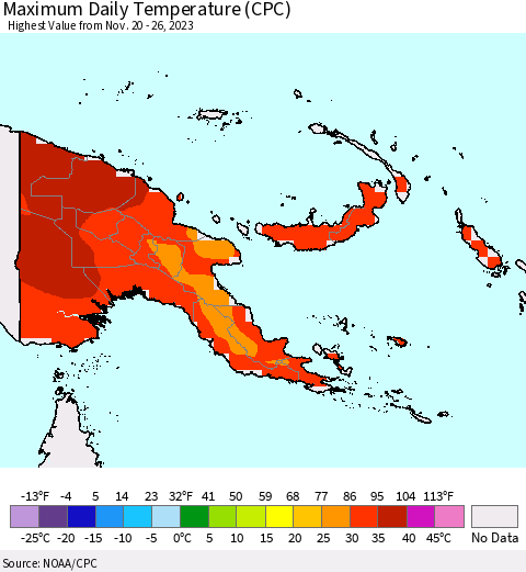 Papua New Guinea Maximum Daily Temperature (CPC) Thematic Map For 11/20/2023 - 11/26/2023