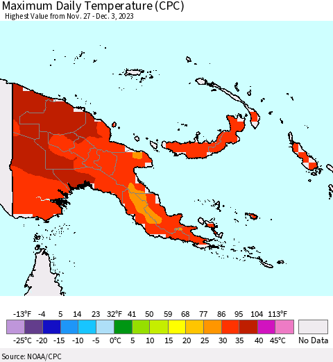 Papua New Guinea Maximum Daily Temperature (CPC) Thematic Map For 11/27/2023 - 12/3/2023