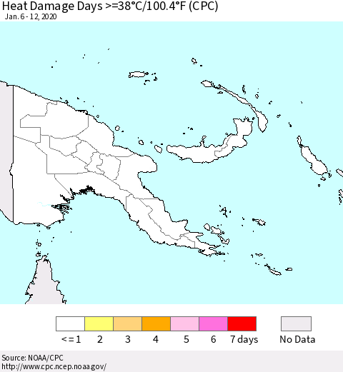 Papua New Guinea Heat Damage Days >=38°C/100°F (CPC) Thematic Map For 1/6/2020 - 1/12/2020