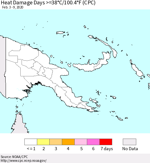 Papua New Guinea Heat Damage Days >=38°C/100°F (CPC) Thematic Map For 2/3/2020 - 2/9/2020