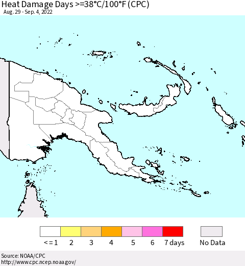Papua New Guinea Heat Damage Days >=38°C/100°F (CPC) Thematic Map For 8/29/2022 - 9/4/2022