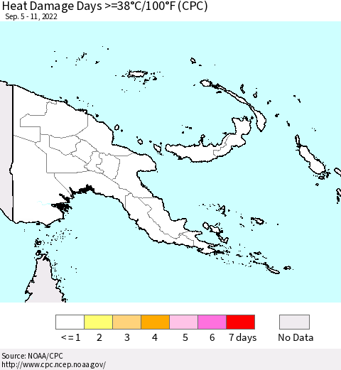 Papua New Guinea Heat Damage Days >=38°C/100°F (CPC) Thematic Map For 9/5/2022 - 9/11/2022