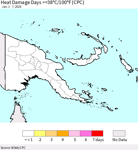Papua New Guinea Heat Damage Days >=38°C/100°F (CPC) Thematic Map For 1/1/2024 - 1/7/2024