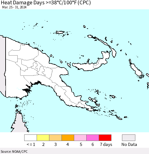 Papua New Guinea Heat Damage Days >=38°C/100°F (CPC) Thematic Map For 3/25/2024 - 3/31/2024