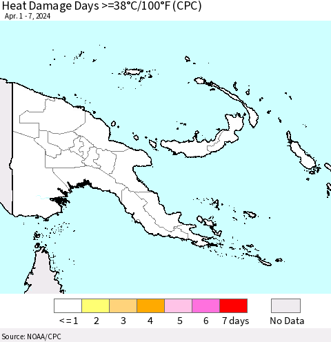 Papua New Guinea Heat Damage Days >=38°C/100°F (CPC) Thematic Map For 4/1/2024 - 4/7/2024