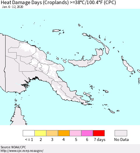 Papua New Guinea Heat Damage Days (Croplands) >=38°C/100°F (CPC) Thematic Map For 1/6/2020 - 1/12/2020
