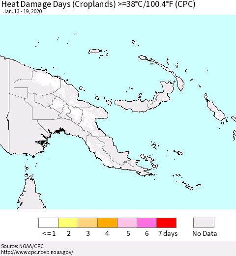 Papua New Guinea Heat Damage Days (Croplands) >=38°C/100°F (CPC) Thematic Map For 1/13/2020 - 1/19/2020