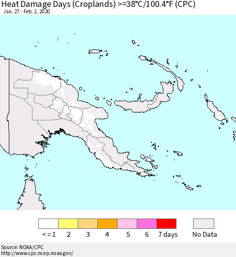Papua New Guinea Heat Damage Days (Croplands) >=38°C/100°F (CPC) Thematic Map For 1/27/2020 - 2/2/2020