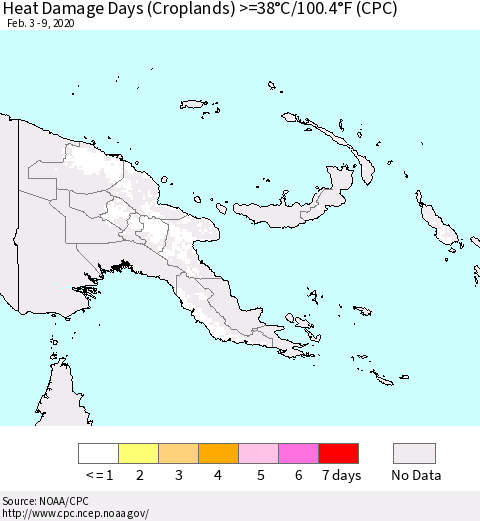 Papua New Guinea Heat Damage Days (Croplands) >=38°C/100°F (CPC) Thematic Map For 2/3/2020 - 2/9/2020