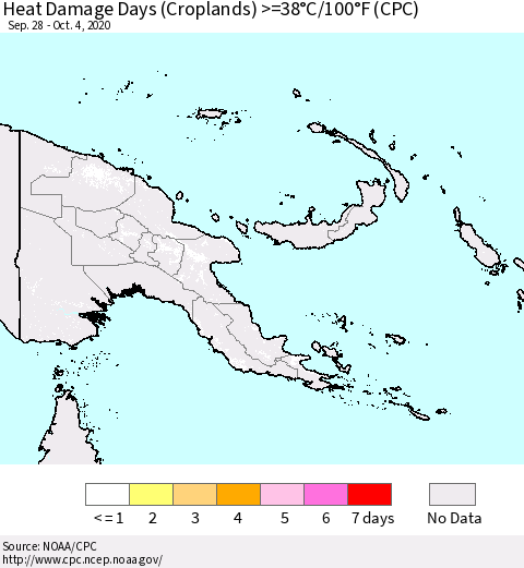 Papua New Guinea Heat Damage Days (Croplands) >=38°C/100°F (CPC) Thematic Map For 9/28/2020 - 10/4/2020