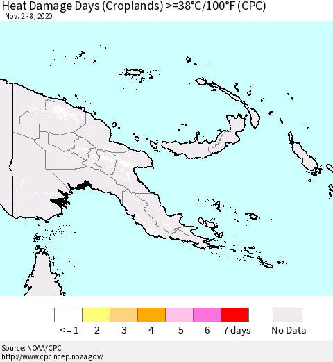 Papua New Guinea Heat Damage Days (Croplands) >=38°C/100°F (CPC) Thematic Map For 11/2/2020 - 11/8/2020