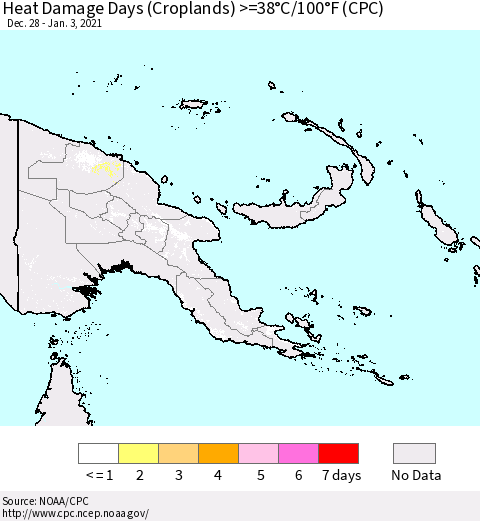 Papua New Guinea Heat Damage Days (Croplands) >=38°C/100°F (CPC) Thematic Map For 12/28/2020 - 1/3/2021