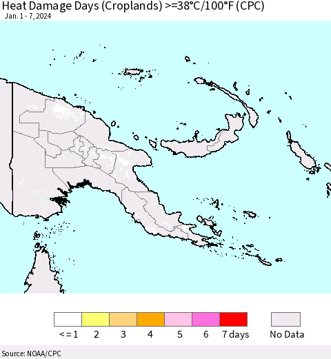 Papua New Guinea Heat Damage Days (Croplands) >=38°C/100°F (CPC) Thematic Map For 1/1/2024 - 1/7/2024