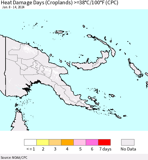 Papua New Guinea Heat Damage Days (Croplands) >=38°C/100°F (CPC) Thematic Map For 1/8/2024 - 1/14/2024