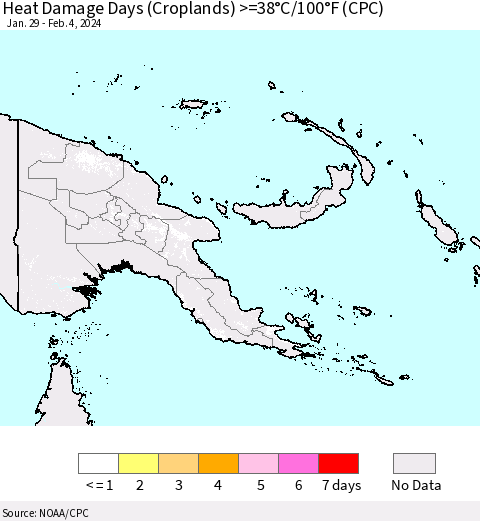 Papua New Guinea Heat Damage Days (Croplands) >=38°C/100°F (CPC) Thematic Map For 1/29/2024 - 2/4/2024