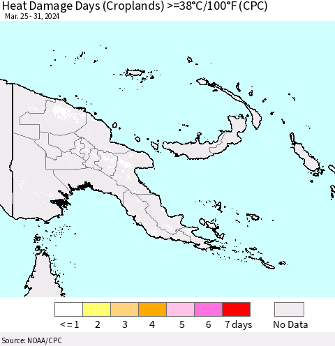 Papua New Guinea Heat Damage Days (Croplands) >=38°C/100°F (CPC) Thematic Map For 3/25/2024 - 3/31/2024