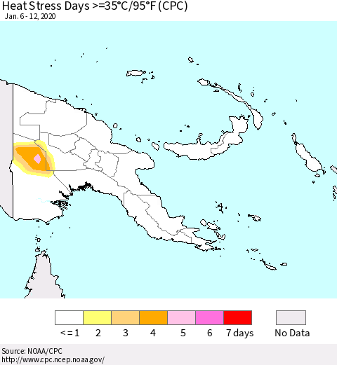 Papua New Guinea Heat Stress Days >=35°C/95°F (CPC) Thematic Map For 1/6/2020 - 1/12/2020