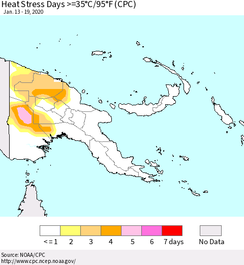 Papua New Guinea Heat Stress Days >=35°C/95°F (CPC) Thematic Map For 1/13/2020 - 1/19/2020