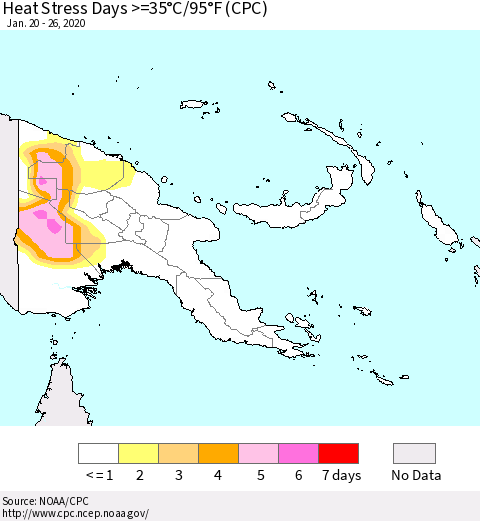 Papua New Guinea Heat Stress Days >=35°C/95°F (CPC) Thematic Map For 1/20/2020 - 1/26/2020