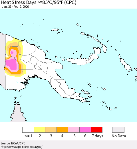 Papua New Guinea Heat Stress Days >=35°C/95°F (CPC) Thematic Map For 1/27/2020 - 2/2/2020