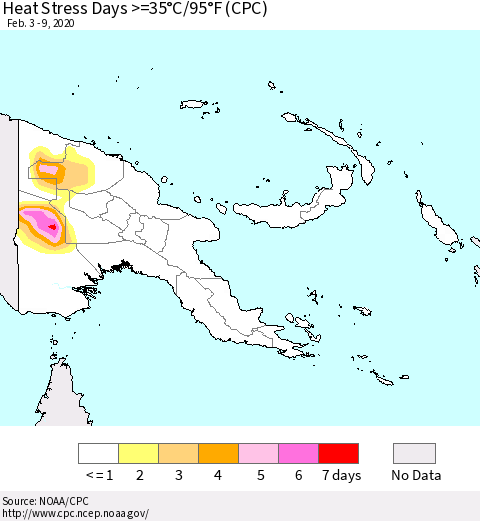 Papua New Guinea Heat Stress Days >=35°C/95°F (CPC) Thematic Map For 2/3/2020 - 2/9/2020