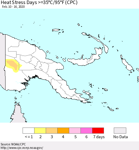 Papua New Guinea Heat Stress Days >=35°C/95°F (CPC) Thematic Map For 2/10/2020 - 2/16/2020