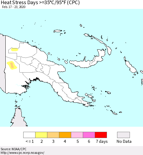 Papua New Guinea Heat Stress Days >=35°C/95°F (CPC) Thematic Map For 2/17/2020 - 2/23/2020