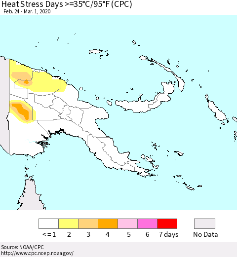 Papua New Guinea Heat Stress Days >=35°C/95°F (CPC) Thematic Map For 2/24/2020 - 3/1/2020