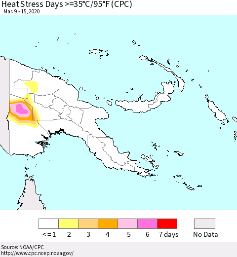 Papua New Guinea Heat Stress Days >=35°C/95°F (CPC) Thematic Map For 3/9/2020 - 3/15/2020