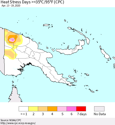 Papua New Guinea Heat Stress Days >=35°C/95°F (CPC) Thematic Map For 4/13/2020 - 4/19/2020