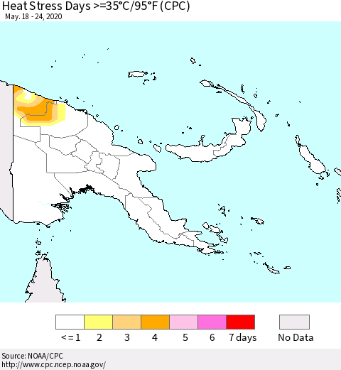 Papua New Guinea Heat Stress Days >=35°C/95°F (CPC) Thematic Map For 5/18/2020 - 5/24/2020