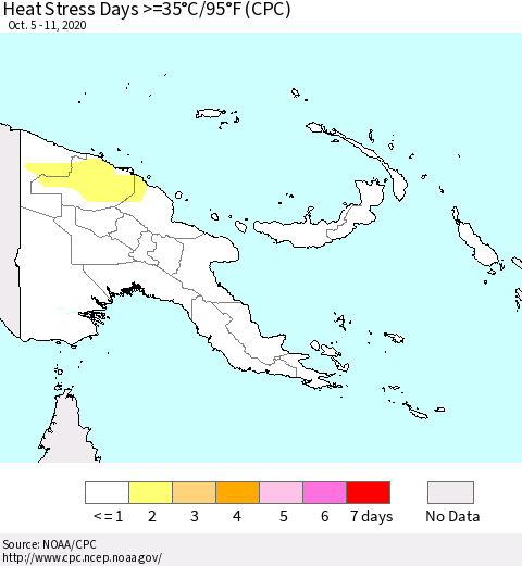 Papua New Guinea Heat Stress Days >=35°C/95°F (CPC) Thematic Map For 10/5/2020 - 10/11/2020