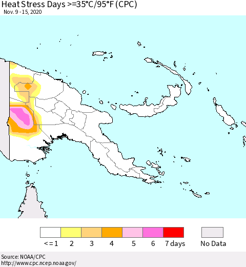 Papua New Guinea Heat Stress Days >=35°C/95°F (CPC) Thematic Map For 11/9/2020 - 11/15/2020